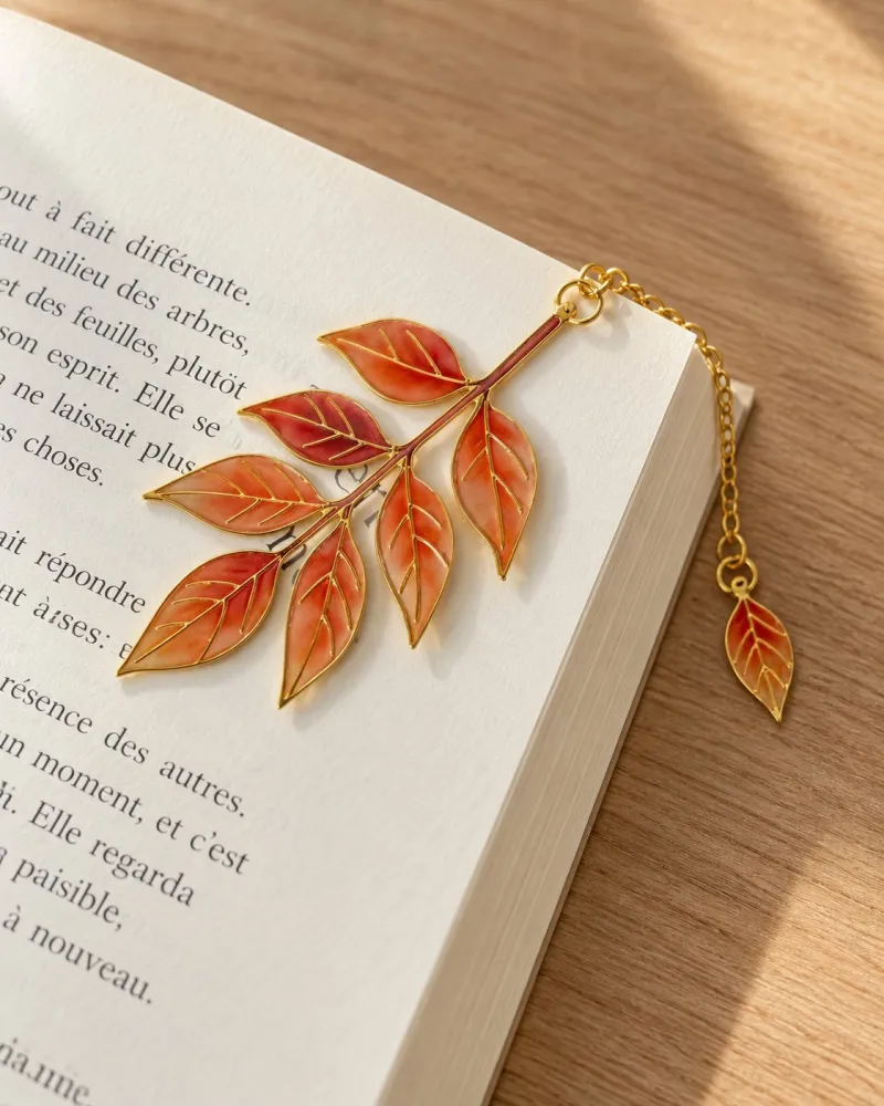 Marque-page feuille automne – Branche dorée